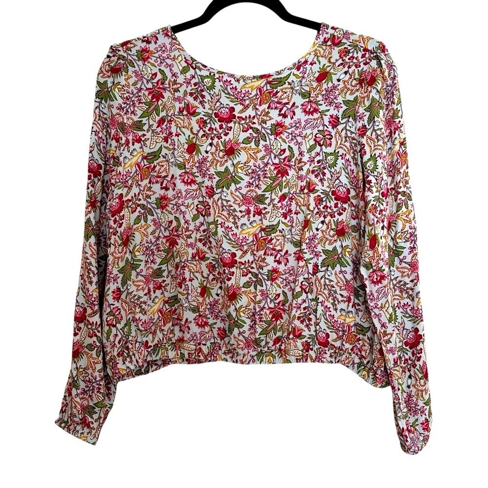 Loft V back floral cottagecore top with cinched waist and cuffs Small
